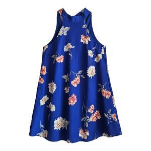 LULUS Women's Size S Darling Dearest Dress Swing Mini Blue Floral Tie Neck